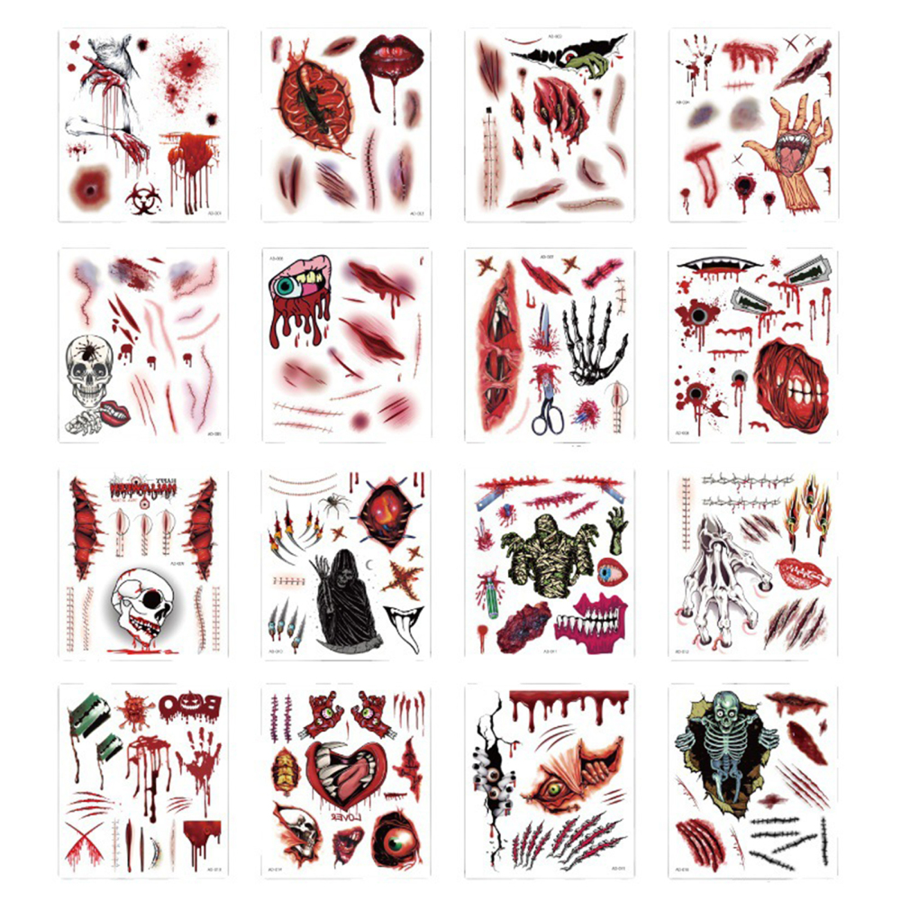 16 Sheets Halloween Wound Tattoo Stickers Waterproof Temporary Tattoo Stickers for Halloween