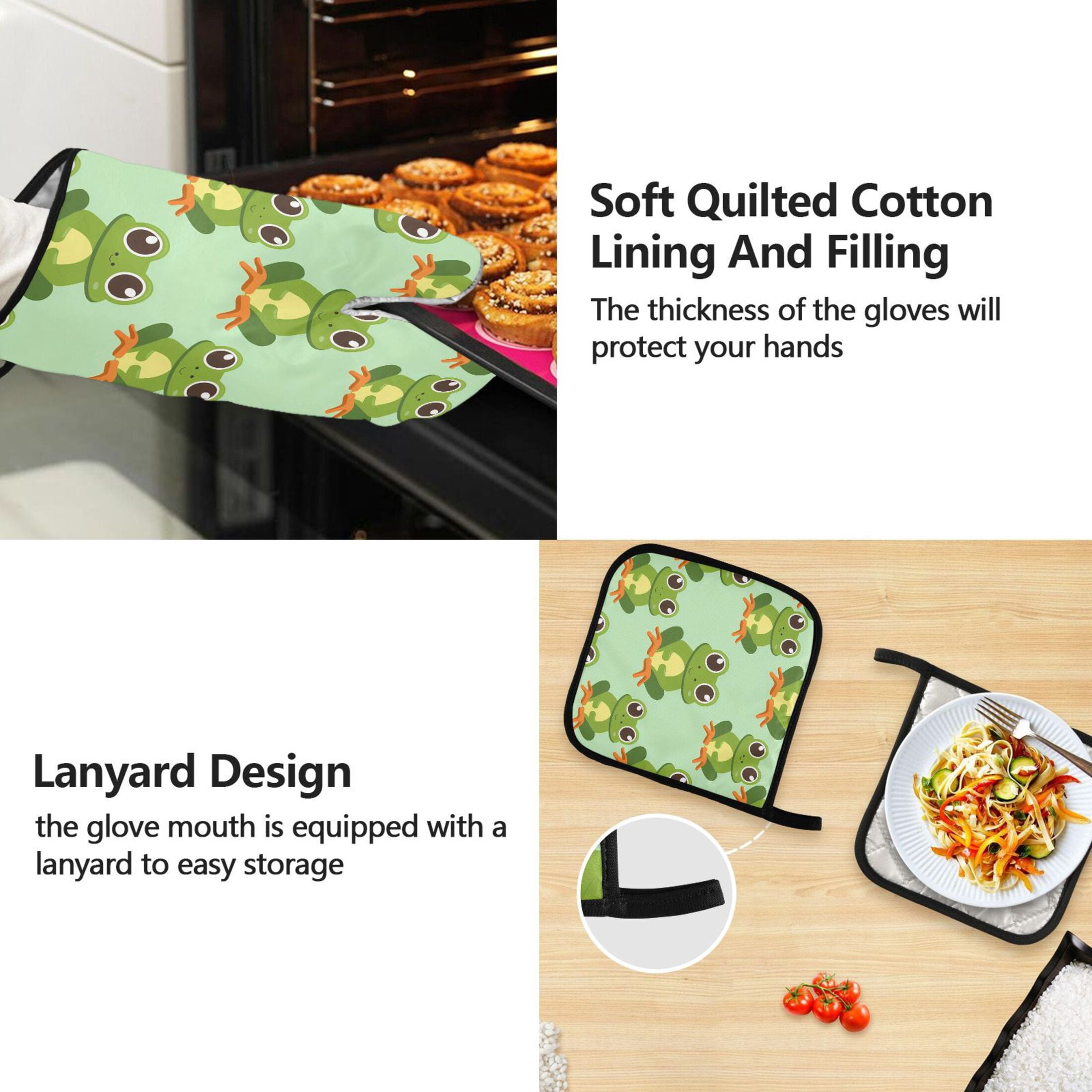 Lovely Frogs 5 Pcs Kitchen Set Heat Resistant Oven Mitts and Non-Slip Pot Holders with Adjustable Cooking Apron