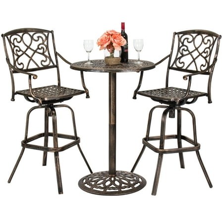 Aluminum Sling Swivel Patio Chairs Best Choice Products 3-Piece Patio Bistro Set, Outdoor Bar Height Cast Aluminum Furniture, includes 2 360-Swivel Chairs and Accent Table - Antique Copper finish ()