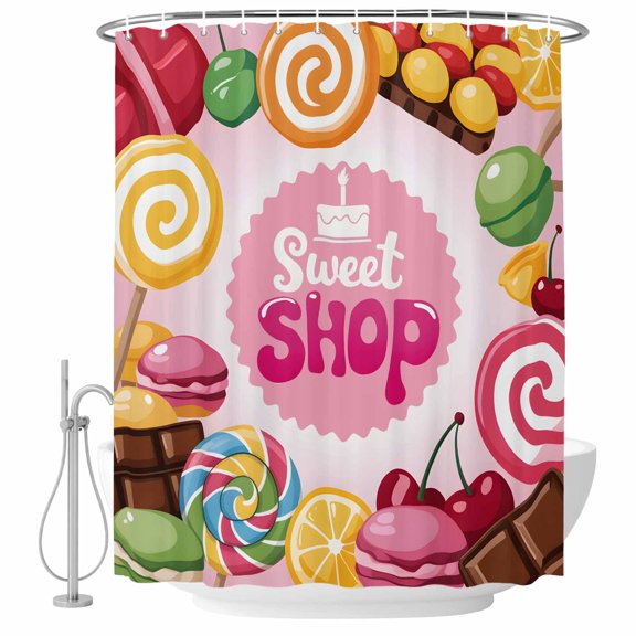54x78 Inch Shower Curtain Decorative Sweet Shop Words Bathtub Bath Curtains Fabric Waterproof Bathroom Decor, Candyland Colorful Lollipop Potatoes Small Stall Shower Curtain Set with 12 Hooks
