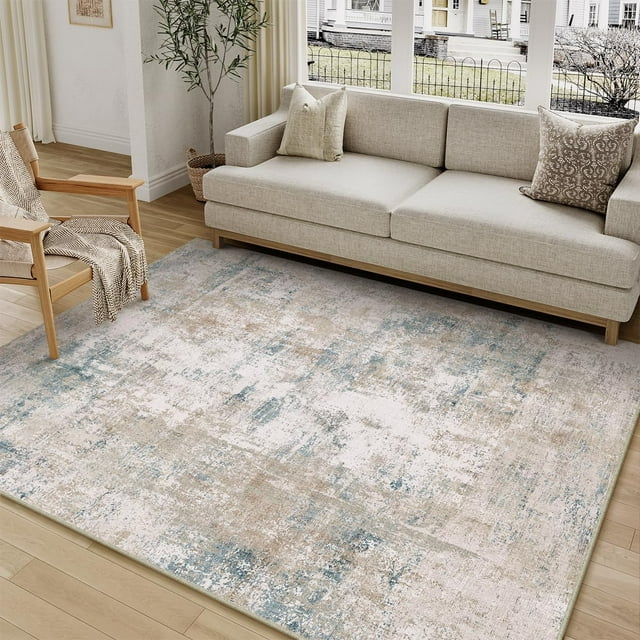 x Washable Area Rug for Living Room Bedroom Neutral Carpet Low Pile Soft Thin Tapis Salon Abstract Modern Vacuumable Lightweight Large Throw Rug for Dining Room Kitchen