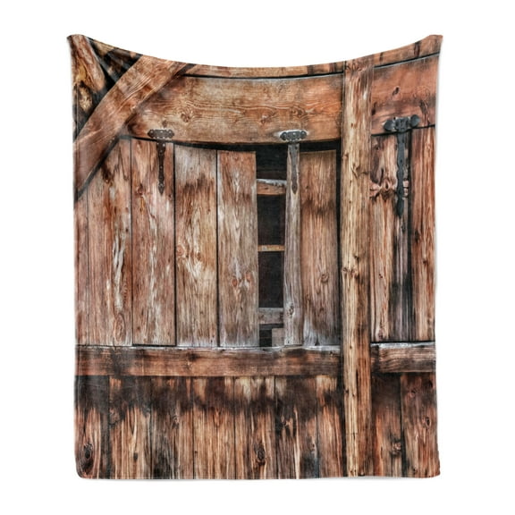 Rustic Soft Flannel Fleece Throw Blanket, Abandoned Damaged Oak Barn Door with Iron Hinges and Lateral Cracks Knock Theme, Cozy Plush for Indoor and Outdoor Use, 50" x 70", Pale Brown, by Ambesonne