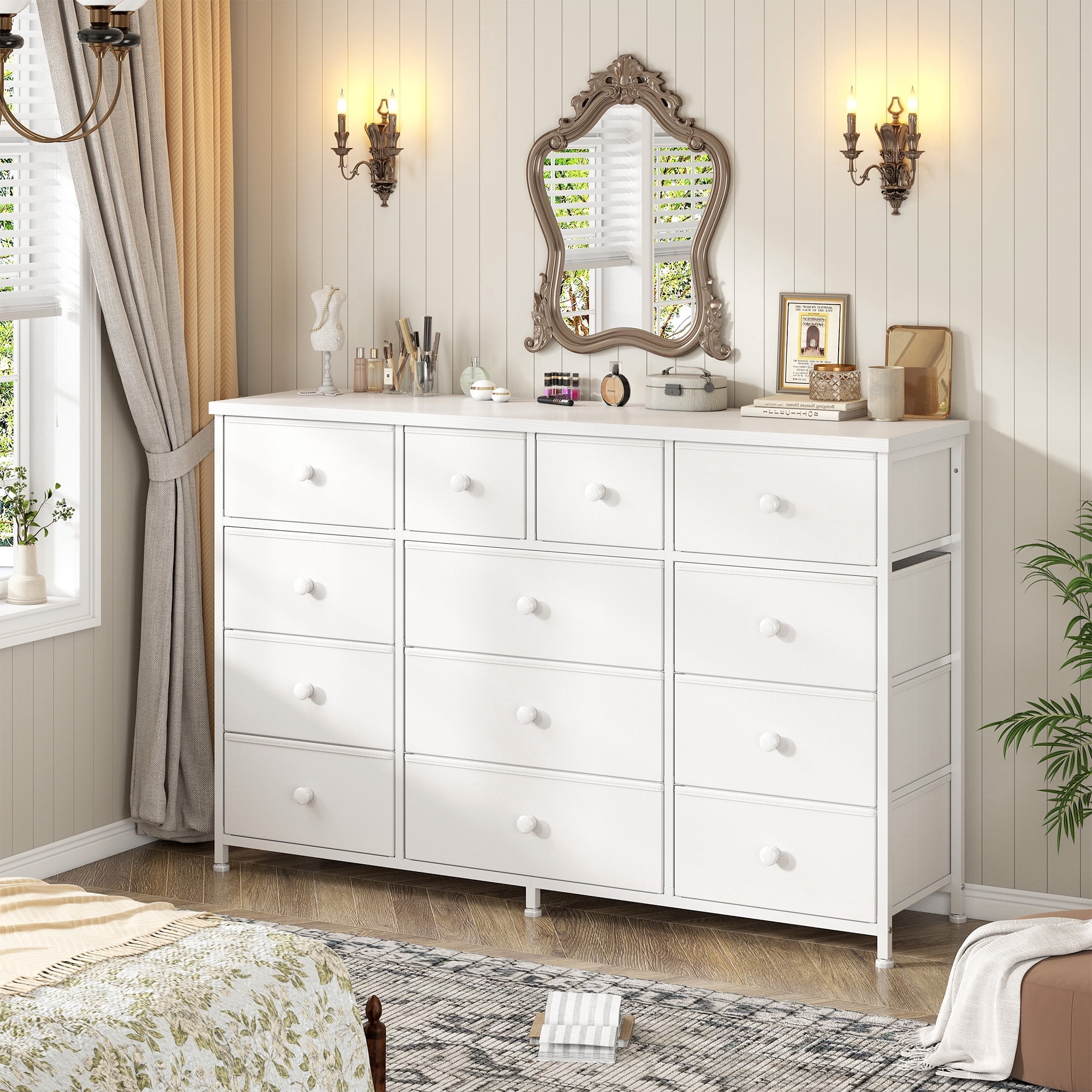 White Dresser for Bedroom TV Stand with 13 Drawers for for 55" TV, Fabric Wide Dresser for Living Room