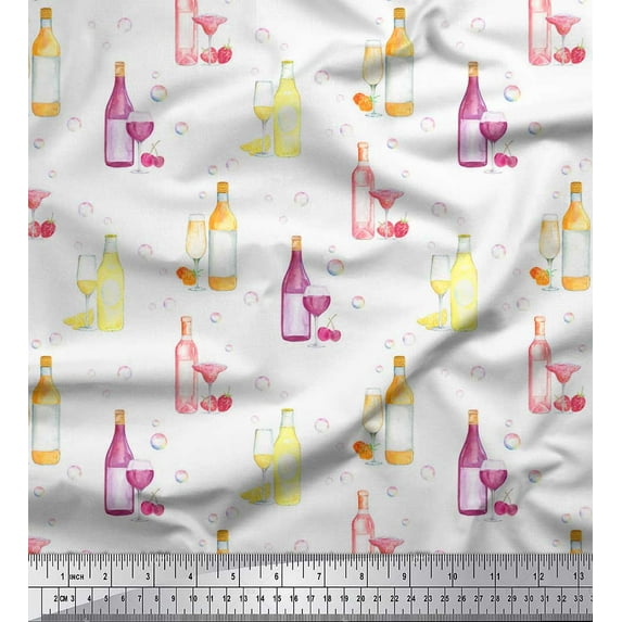 Soimoi White Japan Crepe Satin Fabric Bottle & Wine Glass Bar Printed Craft Fabric by the Yard 44 Inch Wide