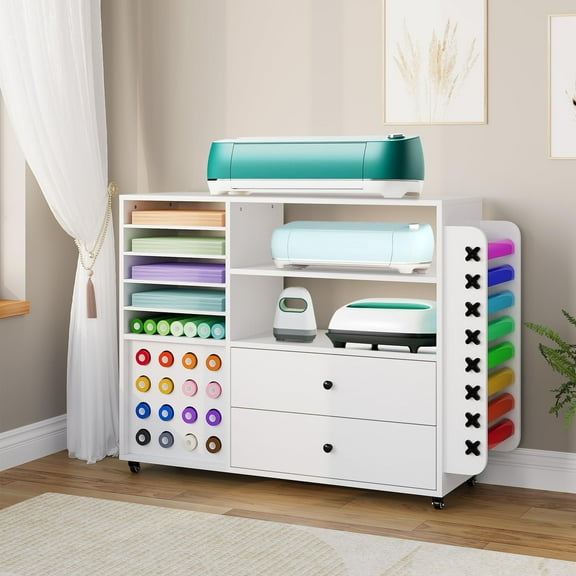 Danolapsi Craft Organization and Storage Cabinet Compatible with Craft,Machines Cart with 2 Drawers & 24 Vinyl Roll Holder,Rolling Craft Organizer,Crafts Station Accessories Storage Organizer White