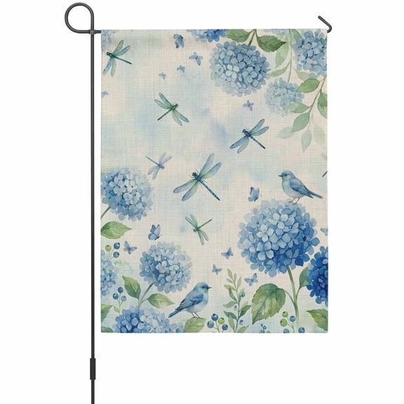Blue Floral Bird Garden Flag 12 x 18 Inches, Summer Blue Flower Dragonfly Bird Linen Texture Weather Proof Outdoor Patio Flags Double Sided Small Garden Decoration for Yard Outside Home