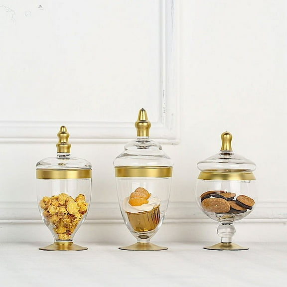 BalsaCircle 3 Pieces Clear Gold Trim Glass Apothecary Jars Lids Party Candy Gift Packaging