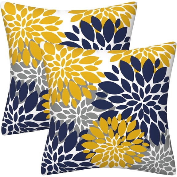 Navy Blue Yellow Grey Dahlia Floral Throw Pillows Farmhouse Decorative Throw Pillow Case Indoor Outdoor Cushion Cover Winter Pillowcase for Couch Living Room Bedroom 18 x 18 Inch Set of 2