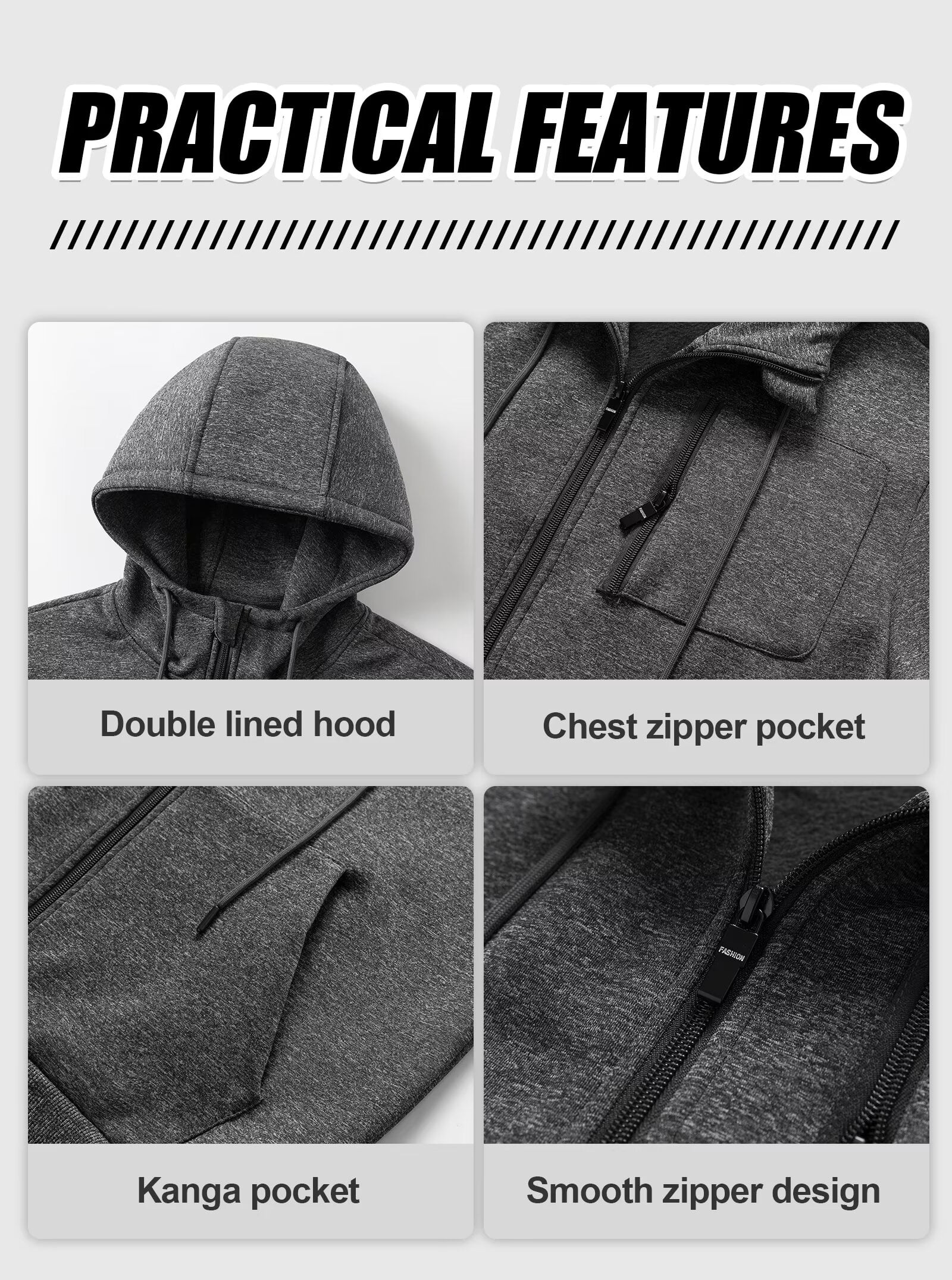Chrisuno Men's Hooded Zipper Jacket Slim Fit Lightweight Zip Up Hoodie Teen Hooded Sweatshirt M Grey