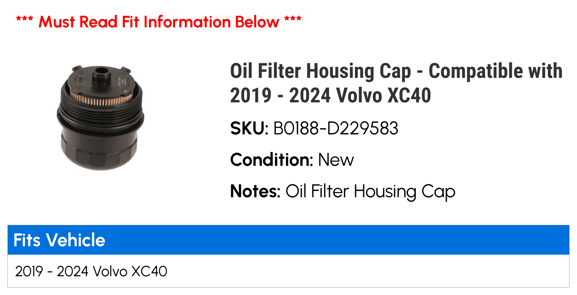 Oil Filter Housing Cap - Compatible with 2019 - 2024 Volvo XC40 2020 2021 2022 2023