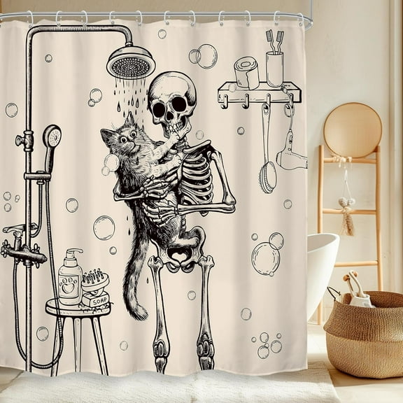 Funny Skull Skeleton Shower Curtain Fun Cat Gothic Cool Retro Spooky Bone Bathing Vintage Hilarious Bathroom Decor Beige Halloween Bath Curtain Fabric Polyester with Hooks-72"W x 78"L (Pack of 1)
