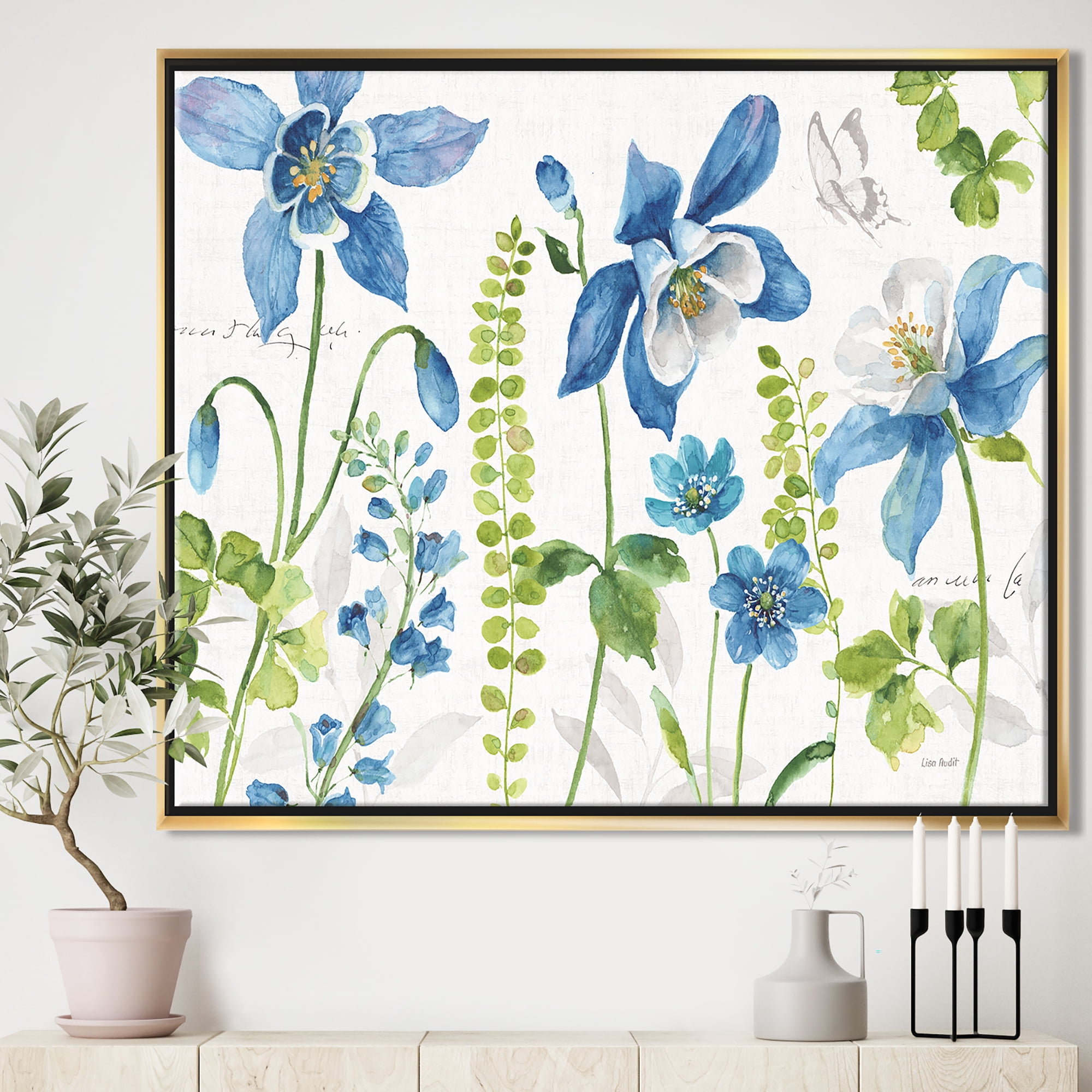 Designart ' Bluebell and Columbine Wild Flowers with Butterfly ' Cabin & Lodge Framed Canvas