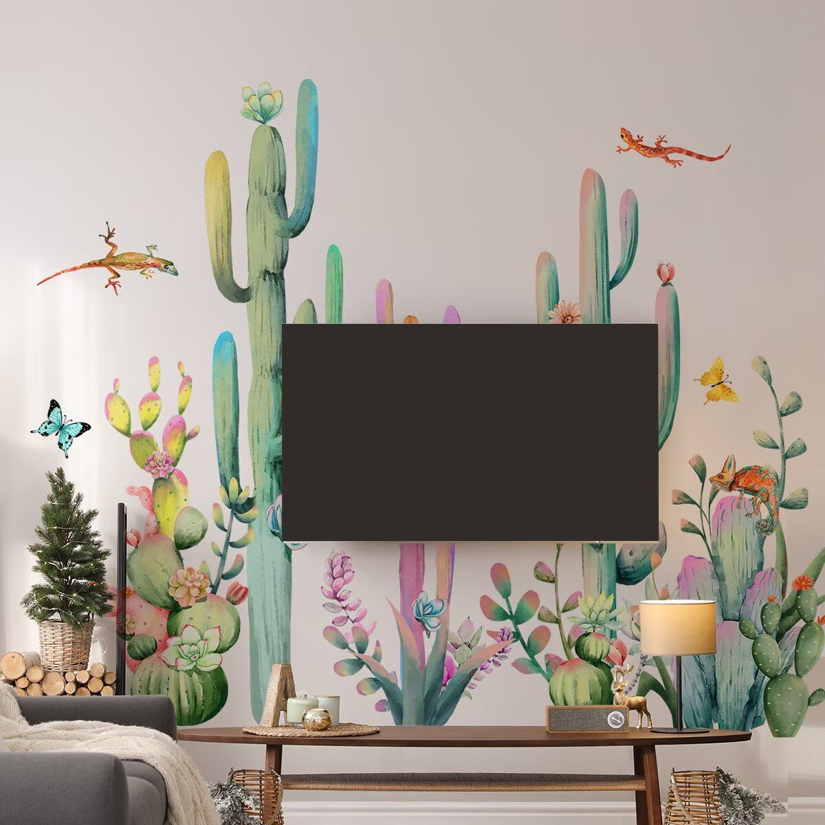 Tropical plant wall stickers, large cactus wall stickers, plant flower wall stickers, cactus wall stickers DIY Transparent decal Peel and Stick Removable Wall Stickers for Living Room Bedroom TV Wall