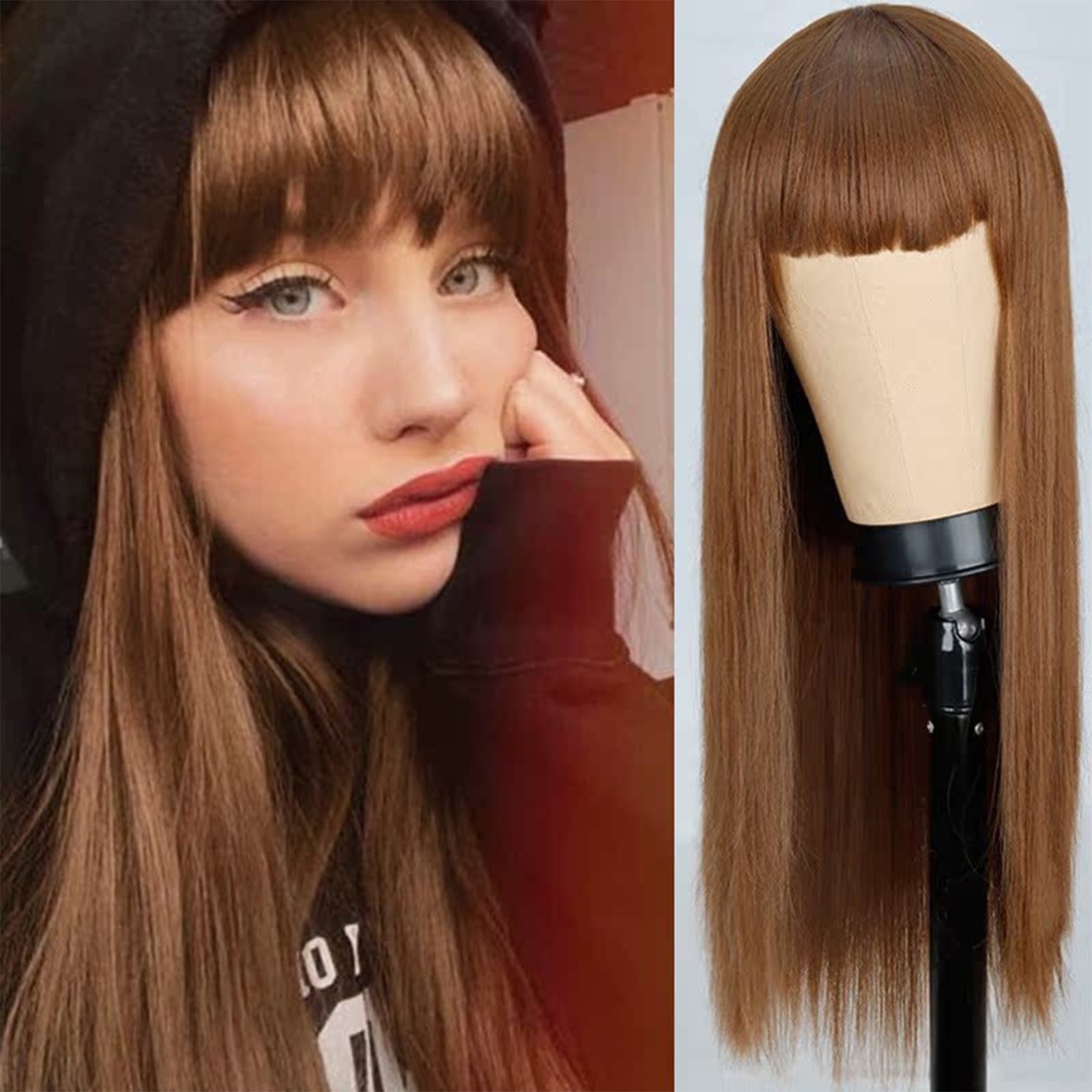 YSGFHGJW Human Hair Wig,Long Straight Wig With Bangs Hair Wig For Women Synthetic Natural Wig ,Various Colors Available,Daily Wear Party And Cosplay Soft Wig