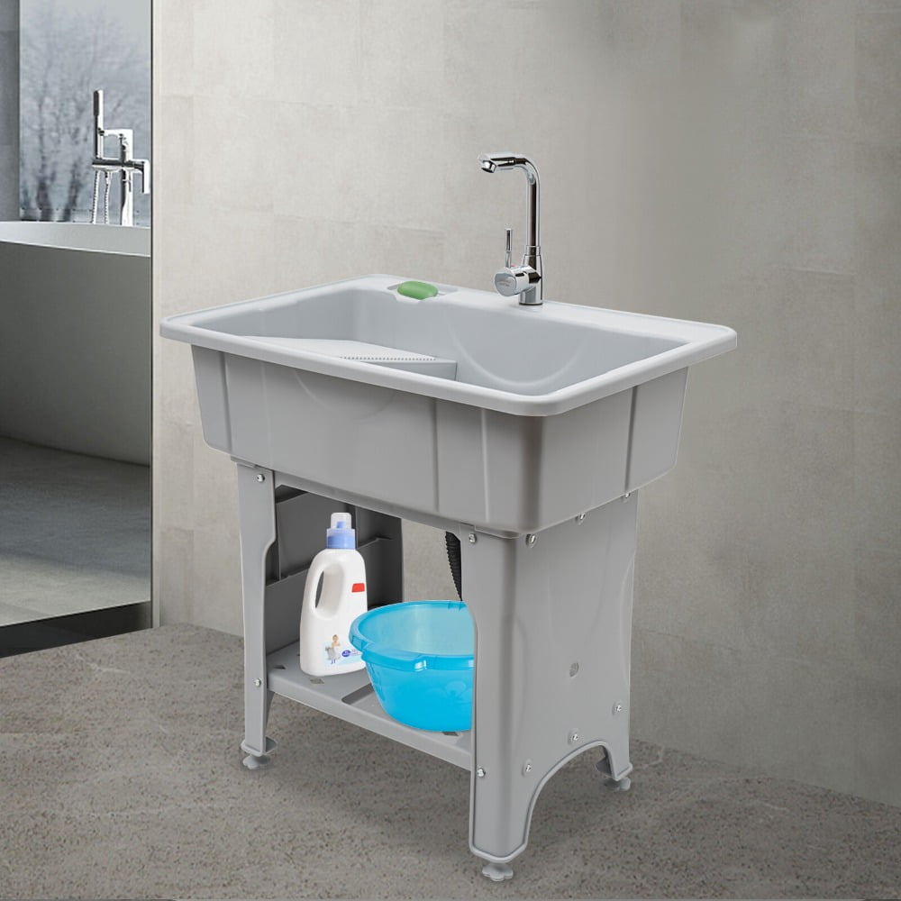 Freestanding Laundry Sink with Faucet, 31.5" Utility Sink with Removable Washboard & Storage Shelf, Heavy Duty Plastic Utility Tub for Laundry Room Garage Basement Pet Wash