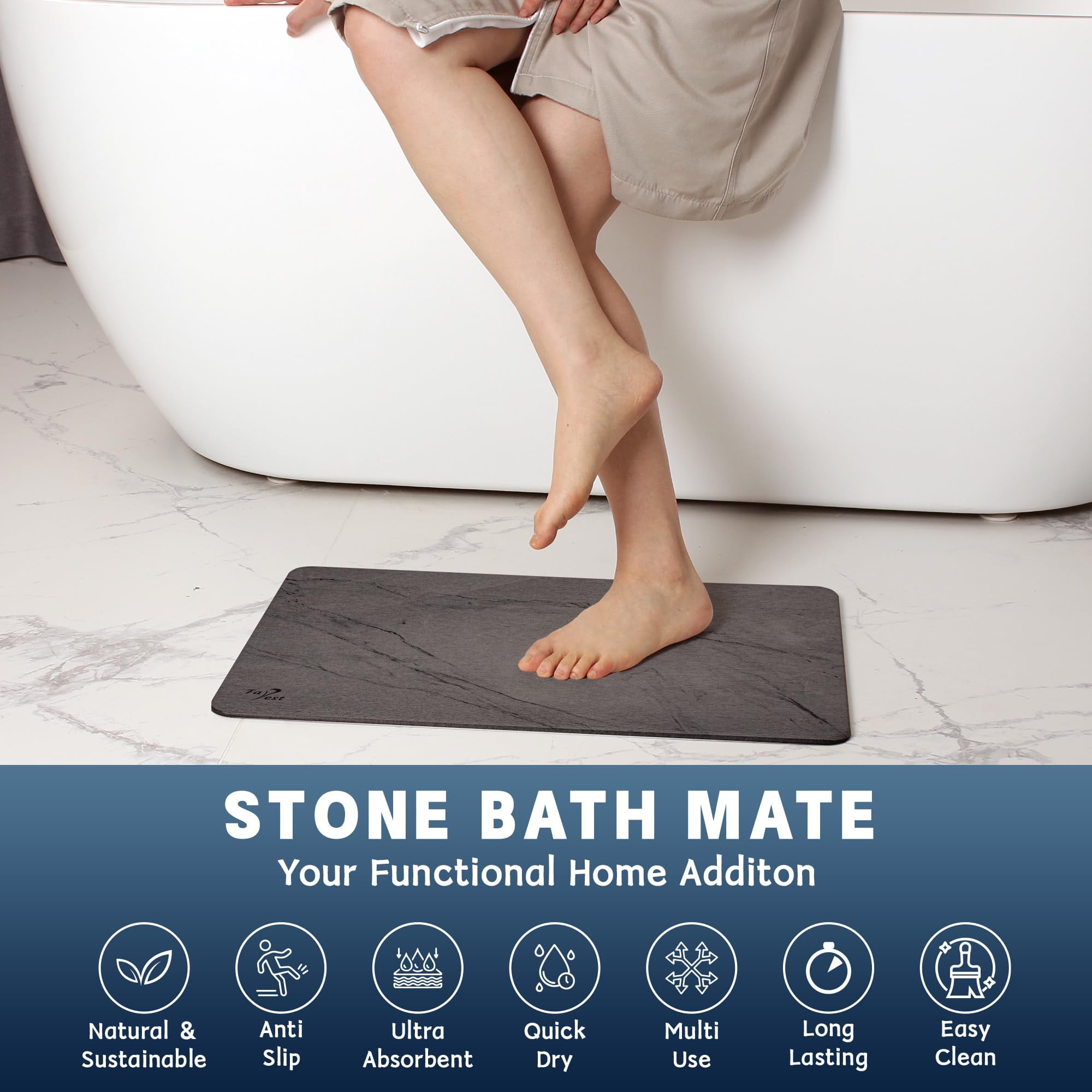 Stone Bath Mat, Diatomaceous Earth Fast-Drying & Absorbent Shower Mat, Non-Slip Diatomite Bathroom Floor Mat for Bathtub(23.6''×15.4" Gray Marble)
