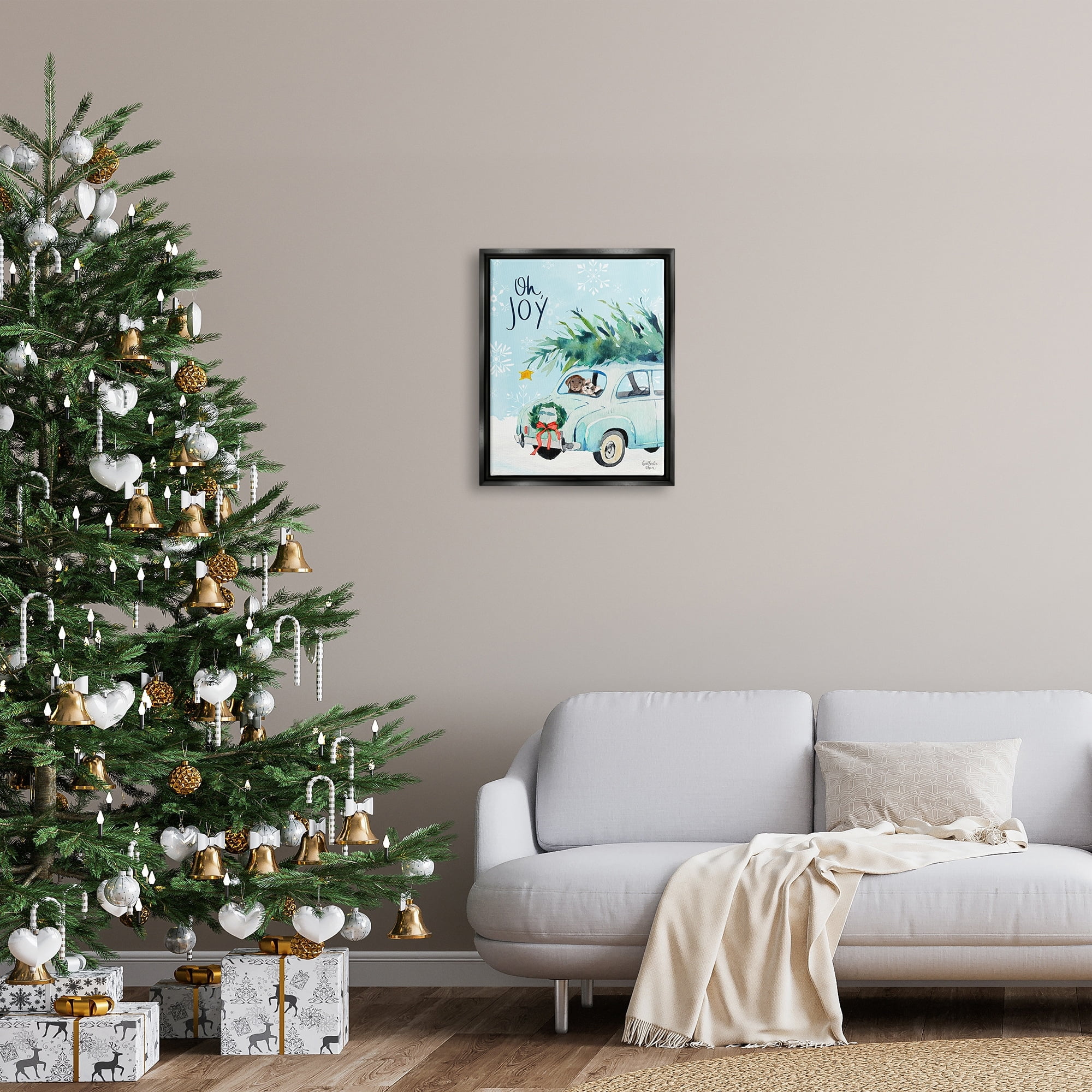 Stupell Industries Oh Joy Endearing Winter Calligraphy Puppies Scene Graphic Art Jet Black Floating Framed Canvas Print Wall Art, Design by Heatherlee Chan