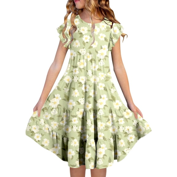 Tisuna Floral Print Summer Dress For Girls Short Sleeve Crew Neck Fashion Dress Loose Fit Big Kids Holiday Beach Casual Dailywear Light Green Size 6-7 Years