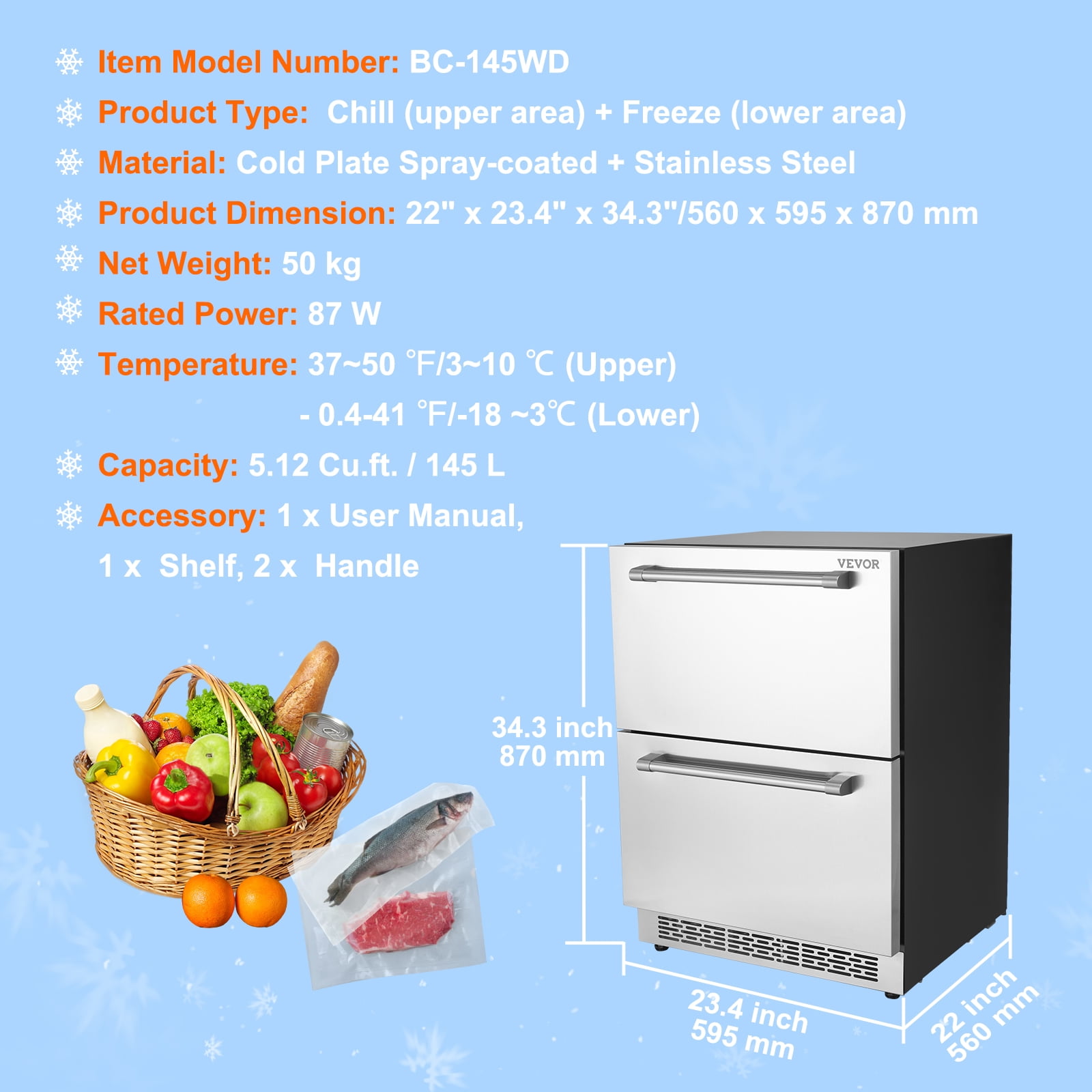 VEVOR 24 inch Undercounter Refrigerator, 2 Drawer Refrigerator with Different Temperature,4.87 Cu.ft. Capacity,Waterproof Indoor and Outdoor Under Counter Freezer Fridge for Home and Commercial Use