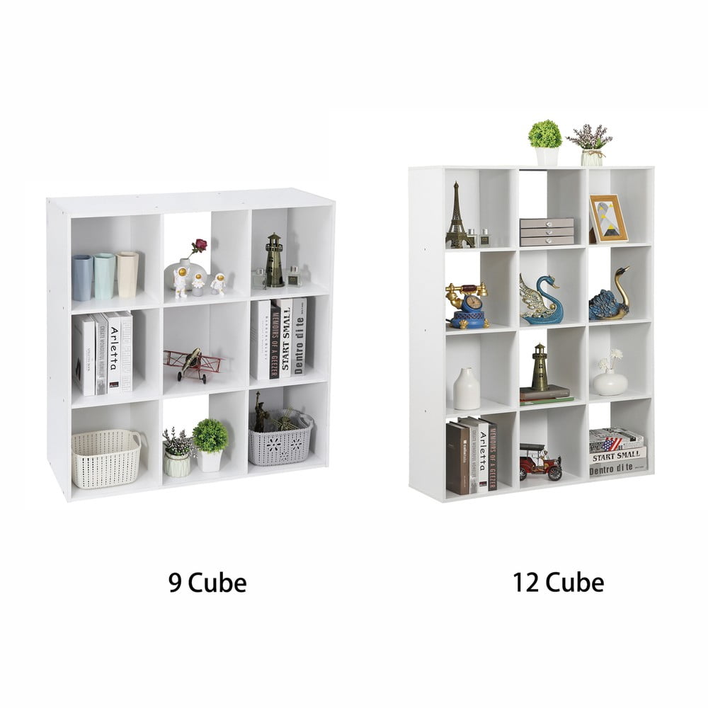 SONGMY 9-Cube White Storage Organizer Bookcase, Modern Bookshelf for Living Room, Home Office Display Shelf with Fabric Bins, Cube Storage Organizer Cabinet