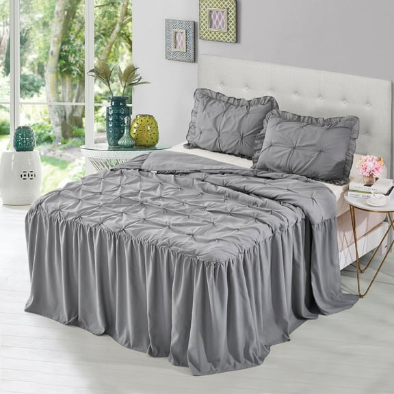 MallenHome Pintuck Ruffle Skirt Quilt/Bedspread/Coverlet Set Gray Color King Size
