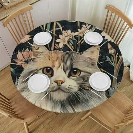 

SHERONV Cute Cat Round Tablecloth Stain Resistant Washable 60 Inch 38 -42