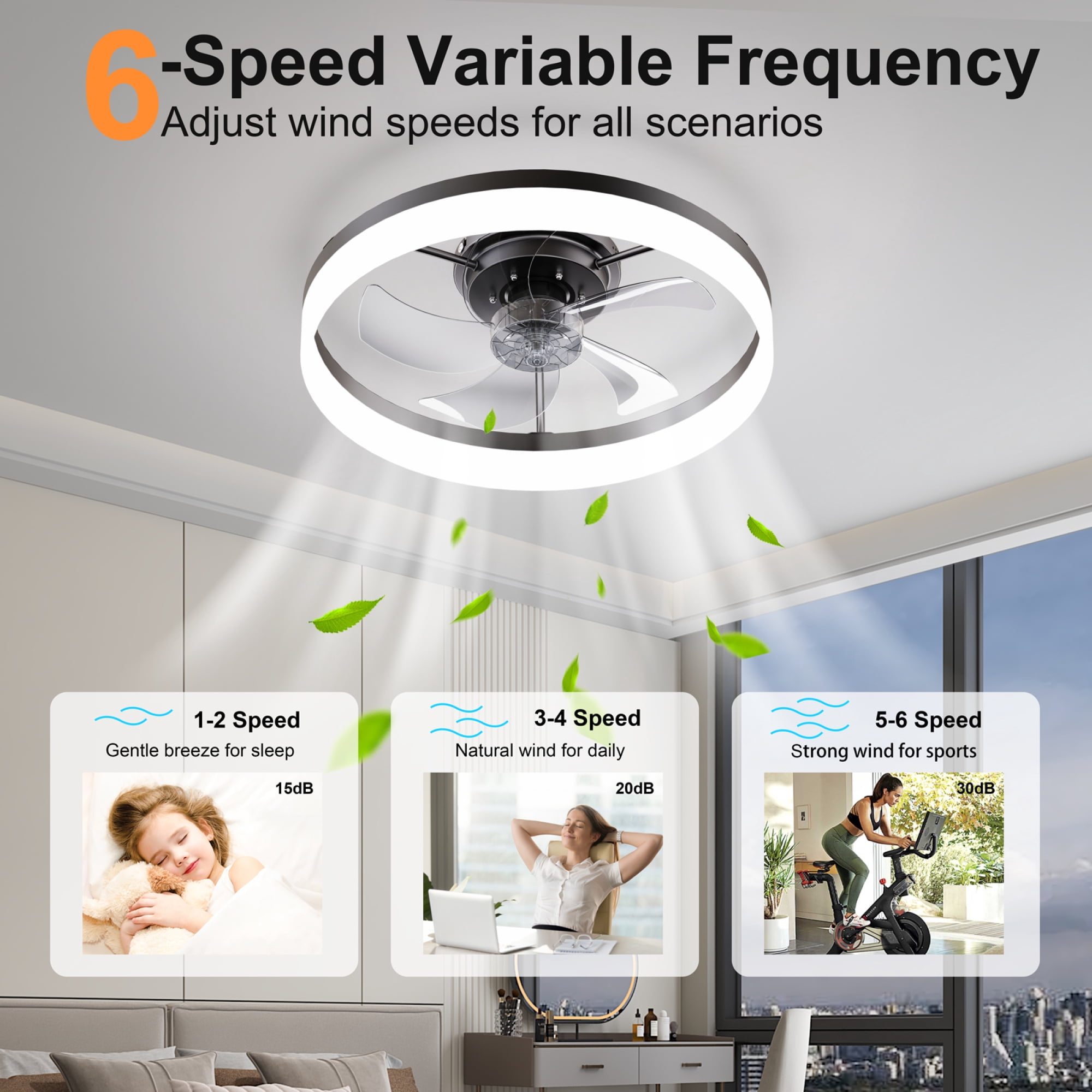 Leumius 19.7" LED Ceiling Fan Light with Remote and App Control, 6 Speeds, Dimmable, 3000K-6500K, Flush Mount Fandelier for Bedroom Black