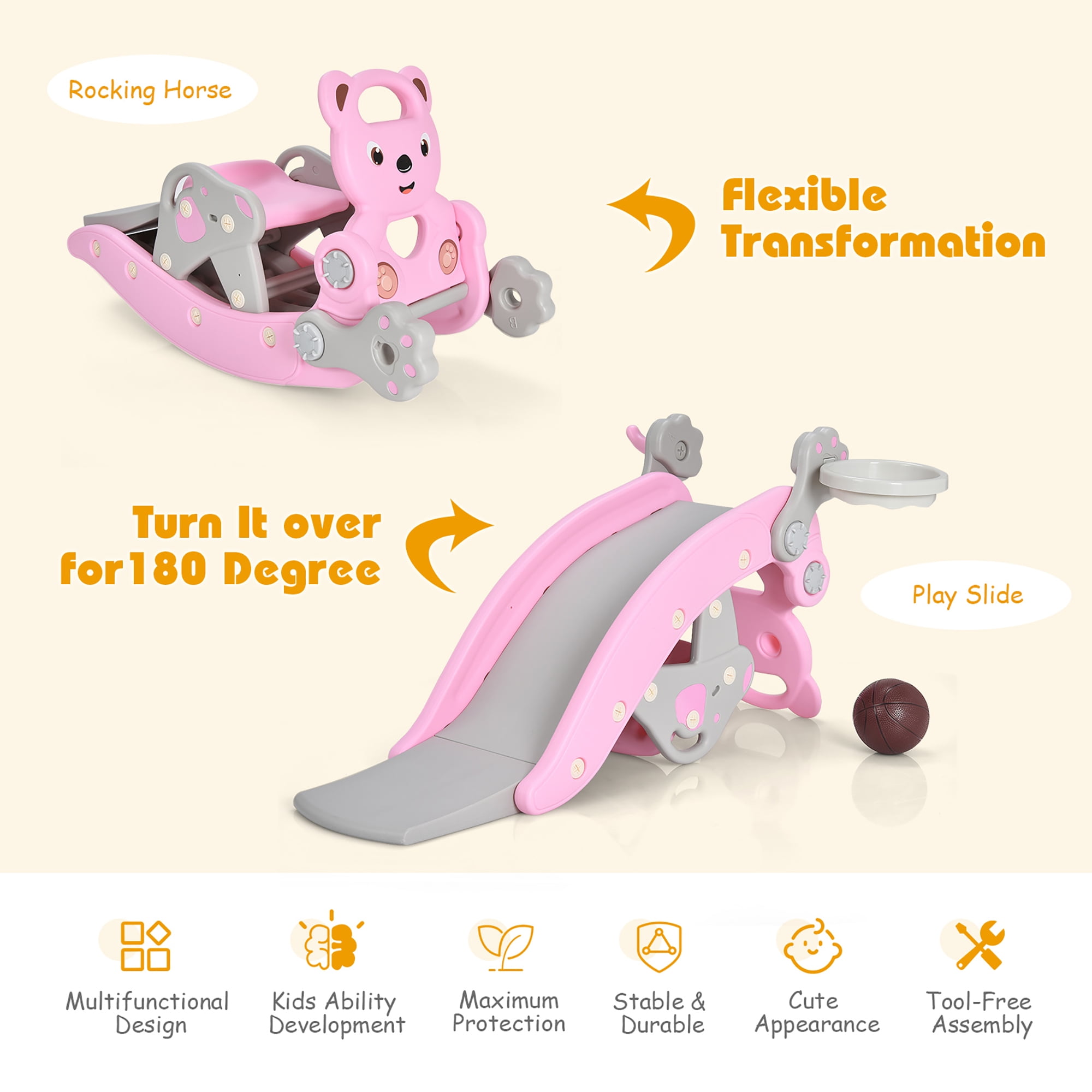 Costway 4-in-1 Rocking Horse & Slide Set Toddler Slide Playset w/Basketball Hoop