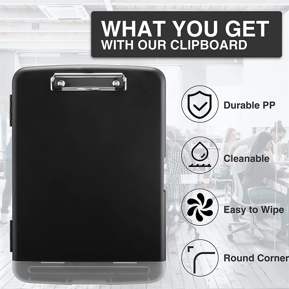 NOGIS Clipboard with Storage, Nursing Clipboards with Pen Holder and Refillable Lined Notepad, Heavy Duty Plastic Storage Clip Board, Clipboard Folder Side-Opening, Black
