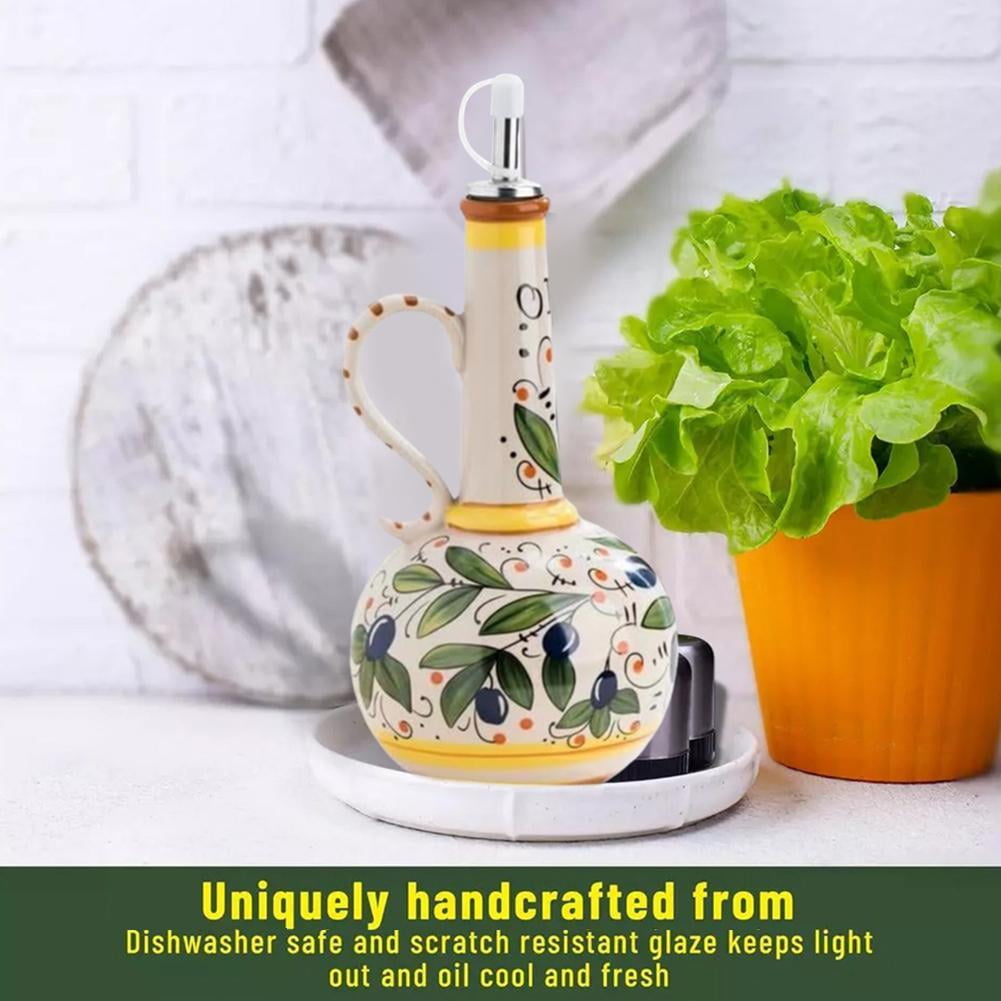 1-Pack Ceramic Olive Oil Dispenser Bottle, 23oz/680ml Hand Painted Italian Ceramic Bottle, Decorative Stoneware Dispenser with Spout for Oil, Vinegar, Coffee Syrup