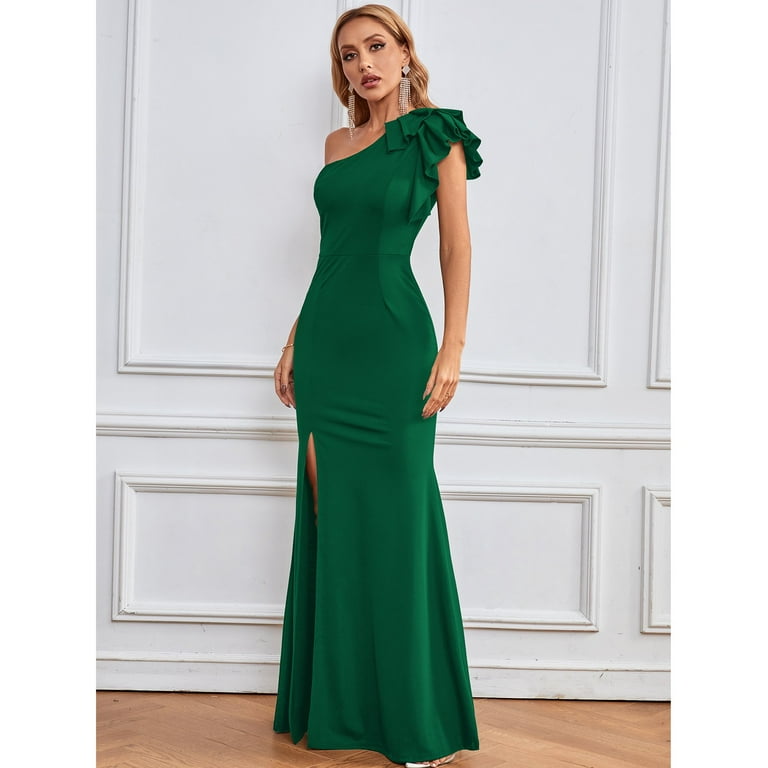 I2CRAZY Women's Dark Green Sleeveless One Shoulder Formal