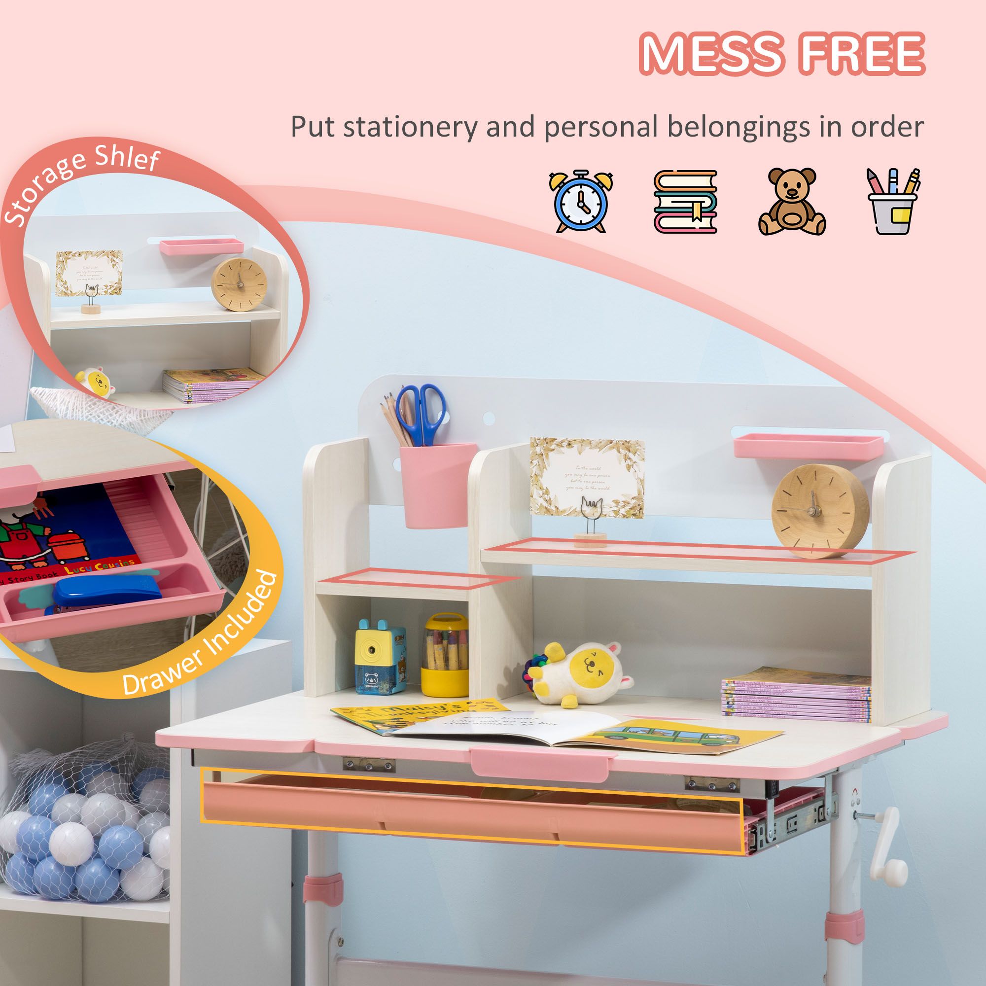 Height Adjustable Kids Study Desk with 0-60° Tilt Tabletop, Storage Shelves & Drawer, Stable I-Beam Children Writing Art Desk for Ages 3-12