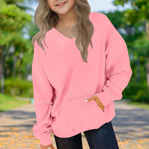 Blusas y camisas de manga larga con cuello redondo para niños y niñas, sudaderas casuales de manga larga, lindas sudaderas de gran tamaño con bolsillo de polar, chaquetas para niñas