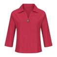 thumbnail image 3 of Women’s Summer Linen Shirts Button down Lapel Neck 3/4 Sleeve T-Shirt Casual Loose Basic Solid Tops ,Red,L, 3 of 5