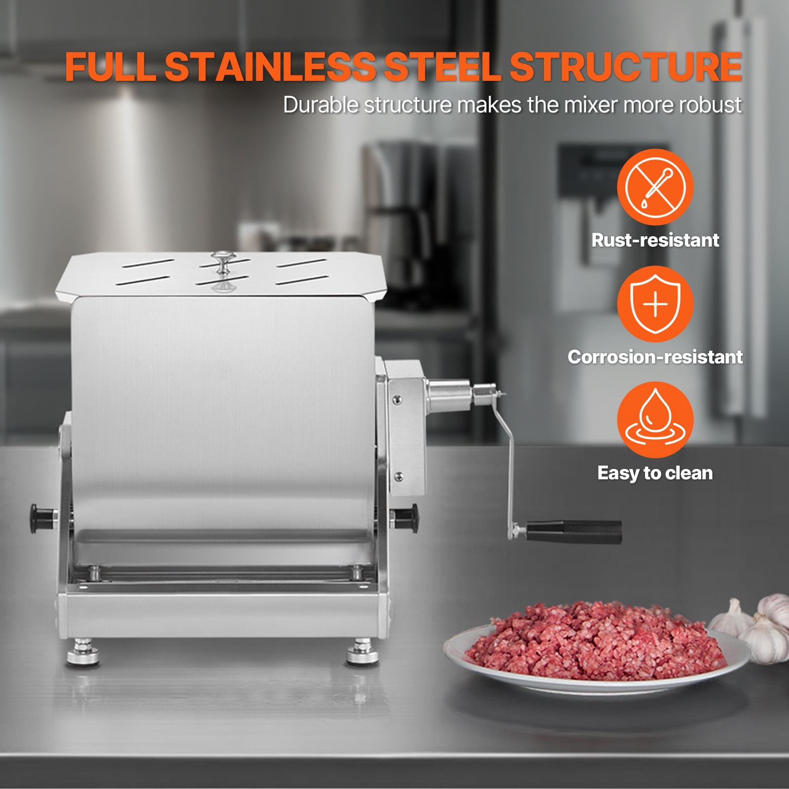 KFFKFF Hand-Operated Meat Blender, 20L Angled Container for Meat Preparation (Max 30LBS Meat Capacity), Metallic Meat Blending Device, Sausage Mixing Apparatus with Cover Handle and Gear Diminisher