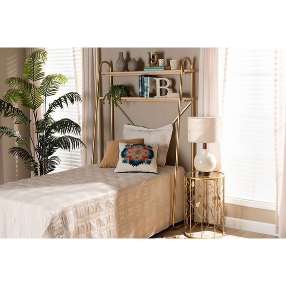 Baxton Studio Merida Glam and Luxe Brushed Gold Finished Metal and Natural Brown Finished Wood 2-Tier Over Bed Twin Size Storage Display Shelf