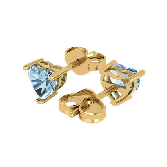 1.0 Ct Heart Cut Studs Blue Crystal 14K Yellow Solid Gold Everyday Dainty Earrings Push Back