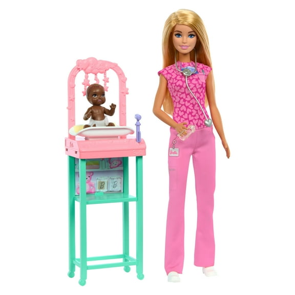 Barbie Baby Doctor Doll with Blonde Fashion Doll, 1 Baby Doll, Furniture & Accessories