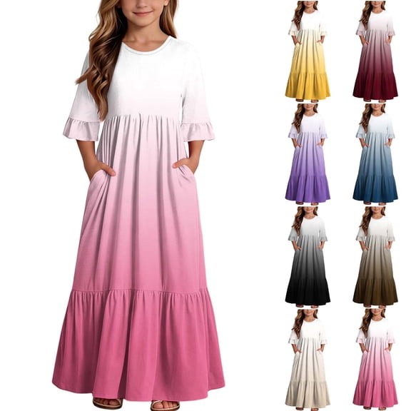 ITSAME Girls Maxi Dress Round Neck Ruffled 3/4 Sleeve Gradient Print Summer Flowy Casual A-Line Dress Pink Size 8