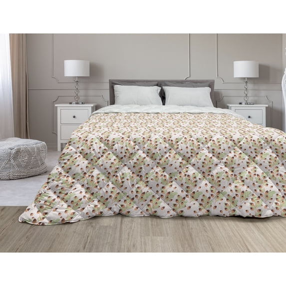 Tropical Down Alternative Comforter, Exotic Leaves and Blossoming Flower Petals Jungle Flora Motif Pattern, Microfiber Quilt for All Season, 5 Sizes, Pink Orange and Quartz, by Ambesonne