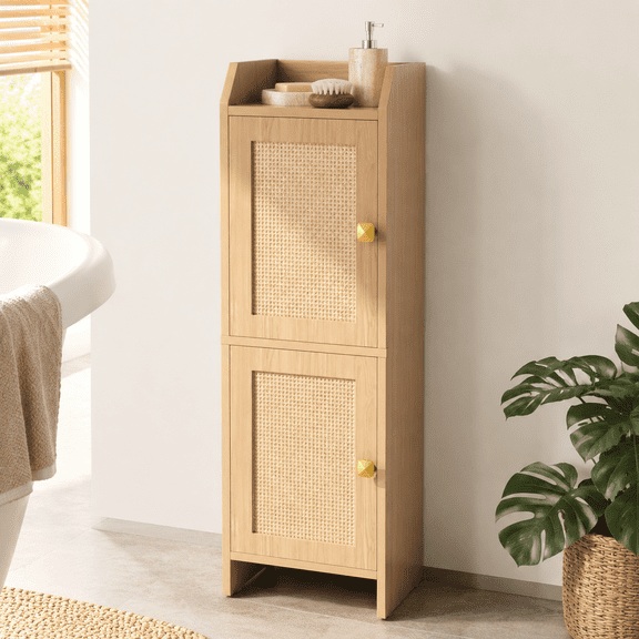 Narrow Rattan Bathroom Storage Cabinet with 2 Doors and Adjustable Shelves, Oak Finish