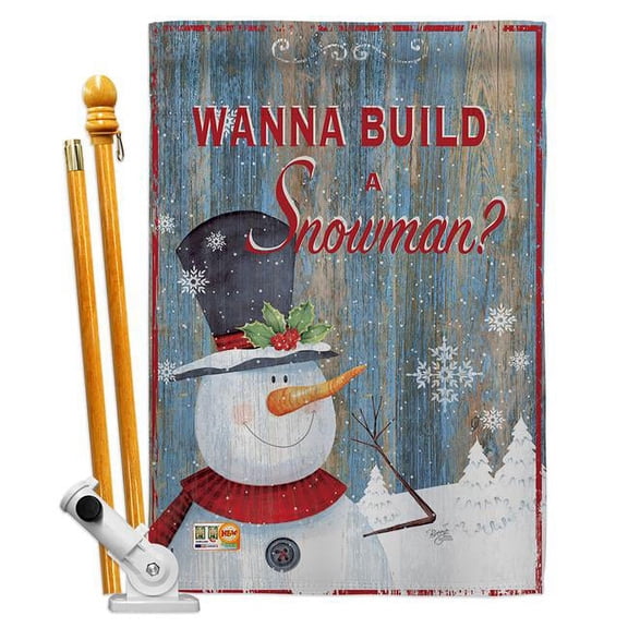 Breeze Decor BD-XM-HS-114176-IP-BO-D-US18-SB 28 x 40 in. Build a Snowman Winter Christmas Impressions Decorative Vertical Double Sided House Flag Set & Pole Bracket Hardware