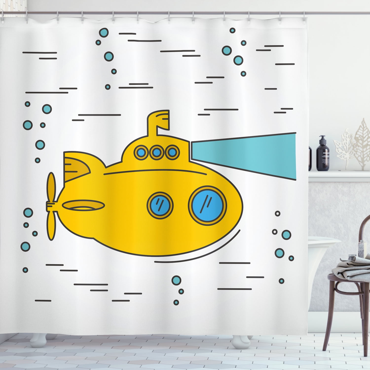 Yellow Submarine Shower Curtain, Ocean Nautical Adventure Underwater