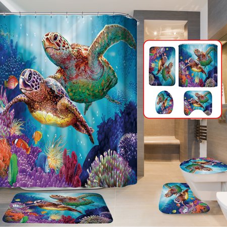 1/3/4Pcs Full Set Underwater Turtel Decor Bathroom Set Shower Curtain