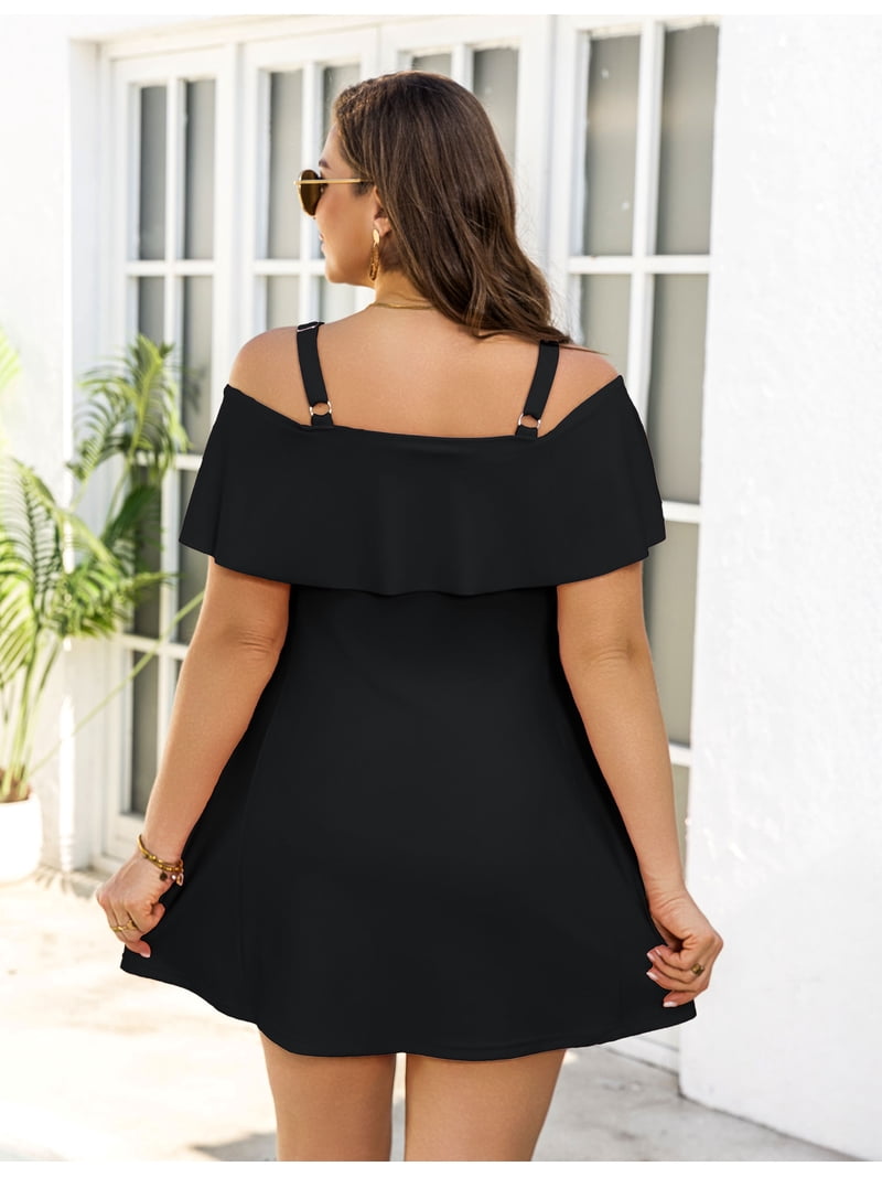 off the shoulder swim dress plus size SHEIN CURVE+ Plus Size Women's Solid Color Ruffle Off-Shoulder Swim Dress Beach Beach Vacation Vacation Summer Eleganza Eleganza