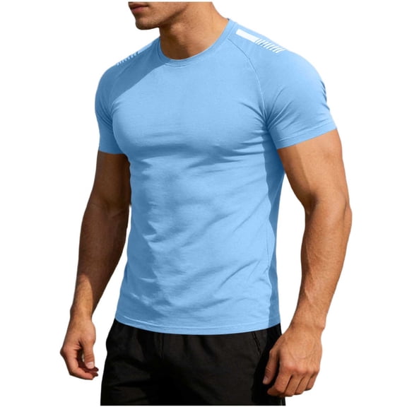 Wrtxtat Men's Muscle Shirts Crew Neck Short Sleeve Slim Shirts Stretchable Quick-Dry Athletic Running Gym T-Shirts Blue XXXXL