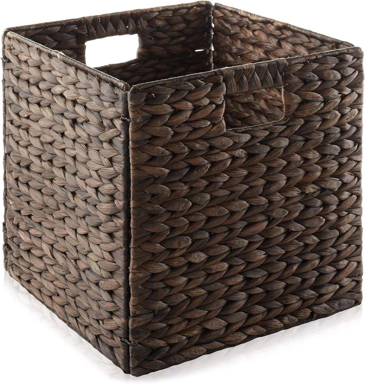 AISUO 12" x 12" Water Hyacinth Storage Baskets, Espresso - Set of 6 Collapsible Cube Organizers, Woven Bins for Bathroom, Bedroom, Laundry, Pantry, Shelves