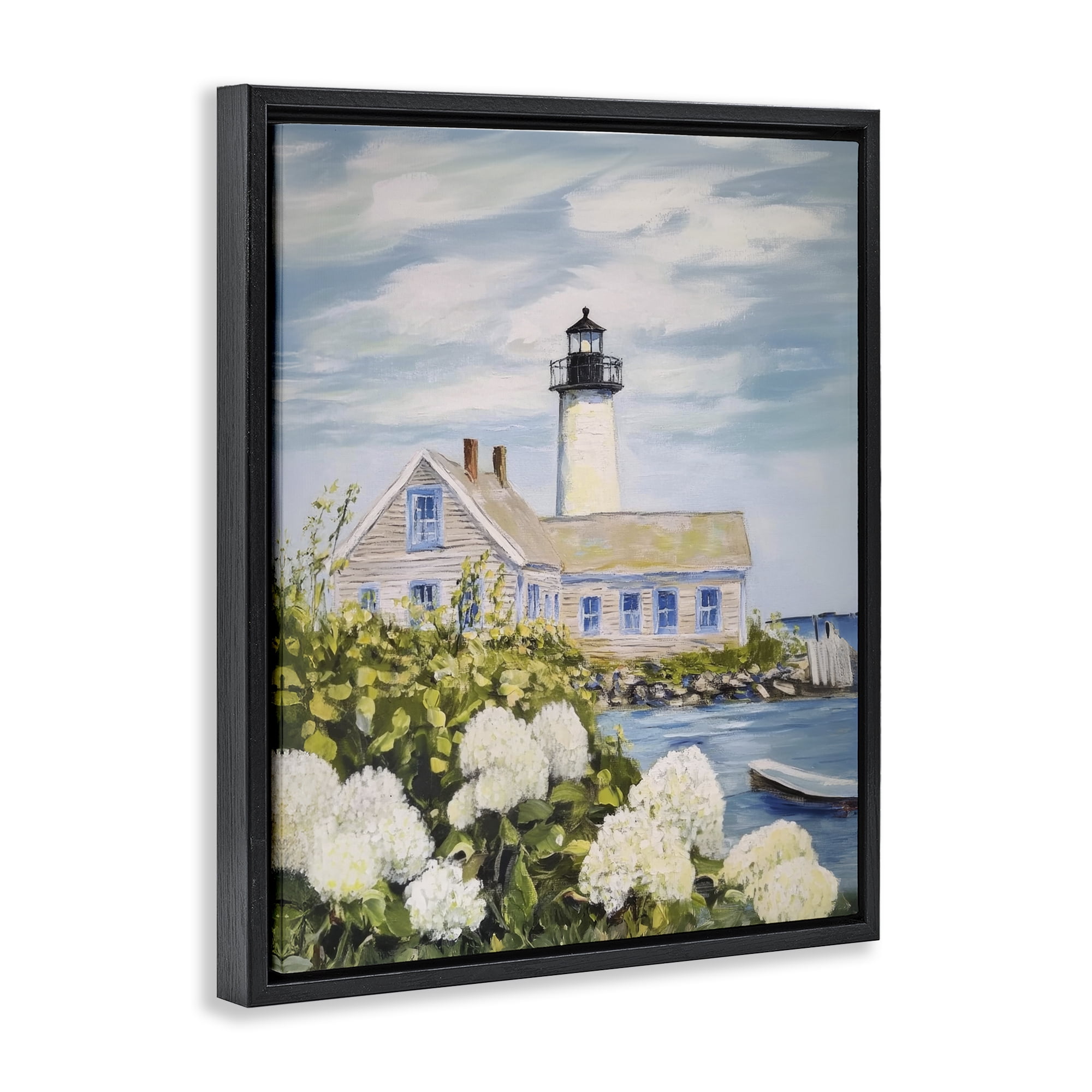 Stupell Industries Lighthouse Scenery with Hydrangeas Black Framed Floater Canvas Wall Art, design by Sisi and Seb