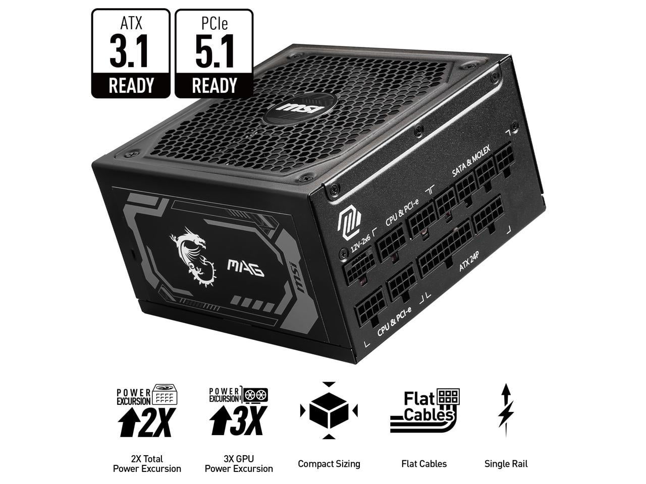 MSI - MAG A1000GL PCIE 5, 80 GOLD Fully Modular Gaming PSU, 12V-2??6 Cable, ATX 3.1 & PCIE 5.1 Ready, 1000W Power Supply