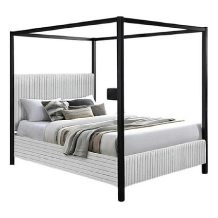 Keri King Size Canopy Bed- Black Slatted Wood Frame- White Upholstery